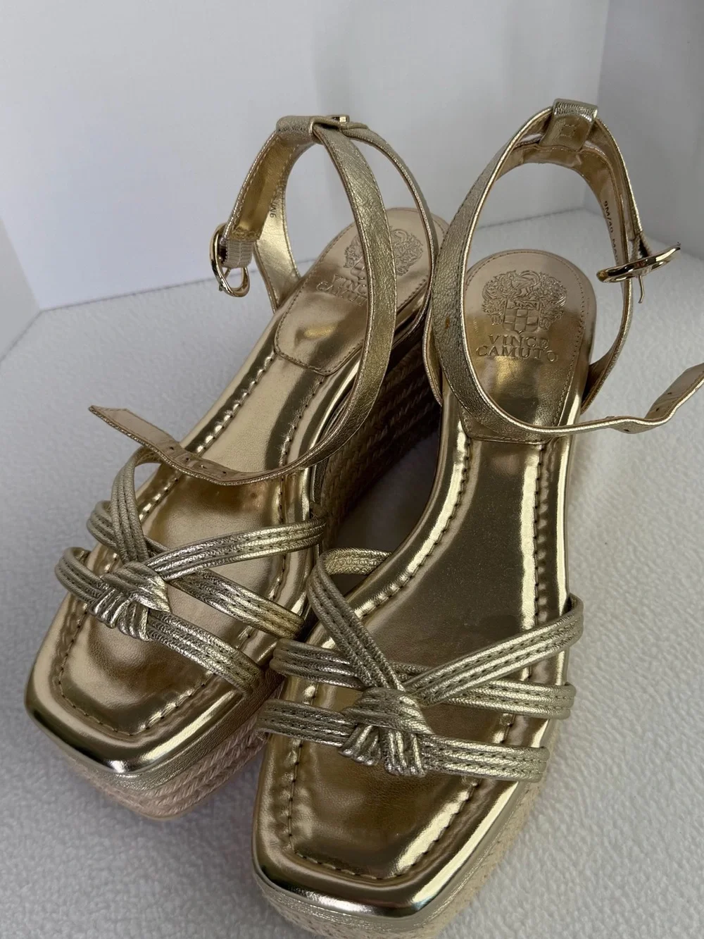 Vince Camuto Metallic Gold Knotted Strap Platform Wedges